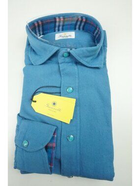 Giannetto Portofino Cotton Blue Snap Button Flannel Shirt 15/38 NEW